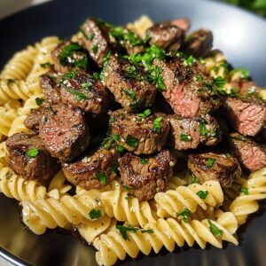Succulent Steak Bites And Rotini In Garlic Parmesan Sauce Recipe