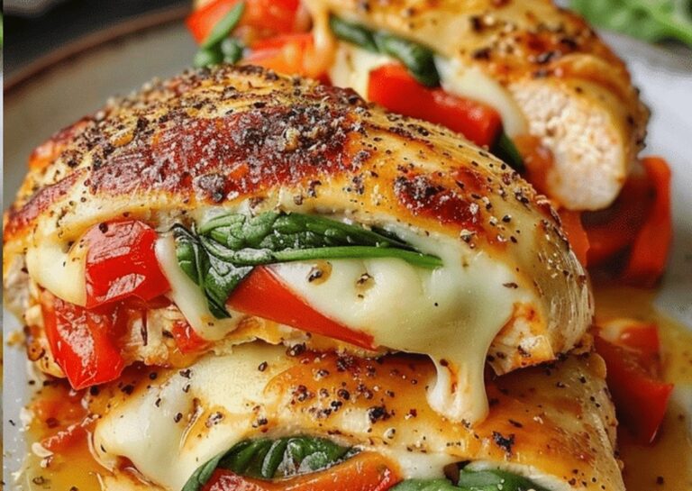 Juicy Roasted Red Pepper, Spinach, And Mozzarella Stuffed Chicken Recipe