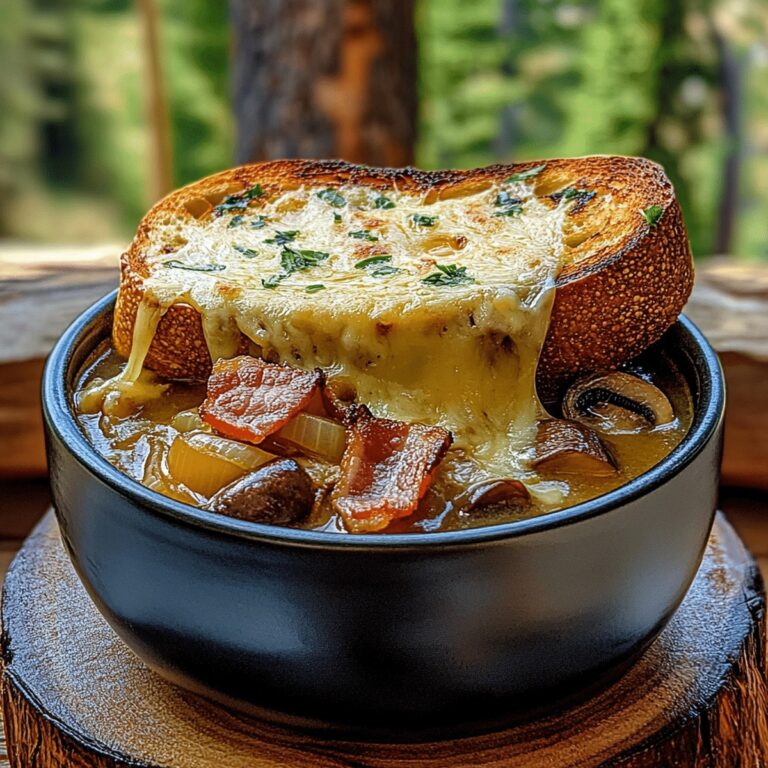 Mushroom & Caramelized Onion Soup With Cheesy Toasties And Bacon Recipe