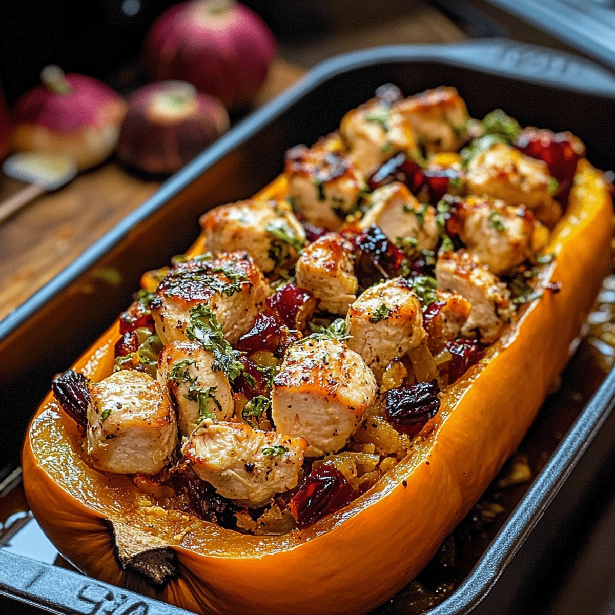 Sweet And Savory Honey Roasted Butternut Squash Stuffed With Chicken Recipe