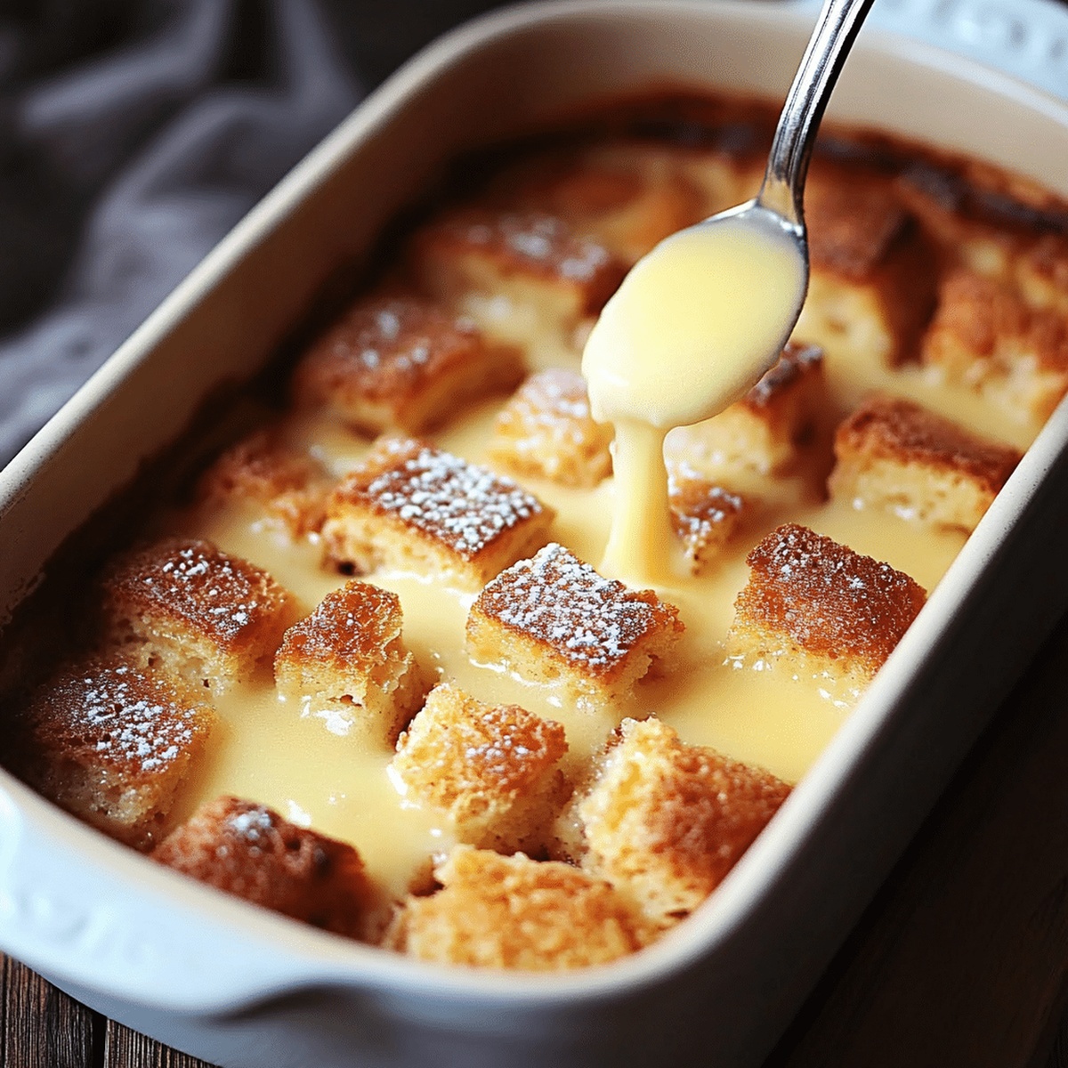 Heavenly Bread Pudding In Casserole With Vanilla Sauce Recipe